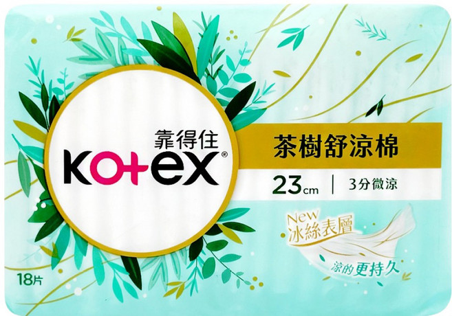 Kotex 靠得住 茶樹舒涼 涼感衛生棉 3分微涼 護翼型, 日用一般型 23cm, 18片, 1包