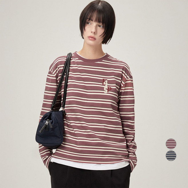 ELLE PARIS 여성용 스트라이프 그래픽 자수 긴팔 티셔츠