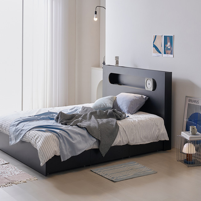 웰퍼니쳐 모화 LED 3단 수납형 침대프레임 단품 방문설치, 블랙