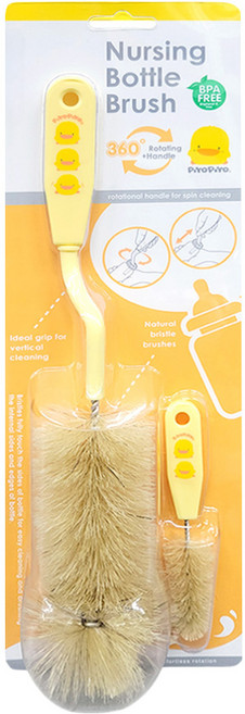 PiYOPiYO 黃色小鴨 迴轉式鬃毛奶瓶刷 奶瓶刷5.5*29.5cm 奶嘴刷2.5*11cm, 1組, 黃色