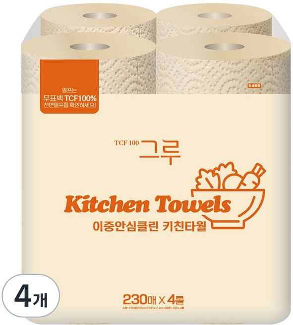 그루 이중안심 천연펄프 키친타월 230p, 4개, 4롤