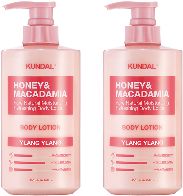 쿤달 허니 앤 마카다미아 퓨어 바디로션 일랑일랑향, 500ml, 2개