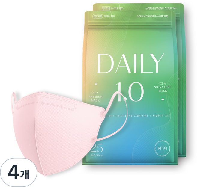 CLA 코리아 데일리 보건 컬러 새부리형 마스크 어린이용 KF94, 25개입, 4개, 핑크