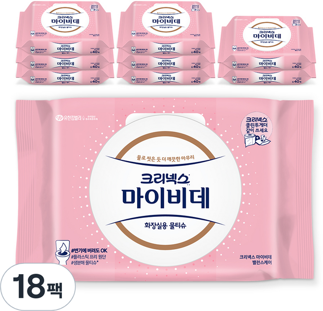 마이비데 크리넥스 밸런스케어 물티슈 캡형, 55g, 40매입, 18개