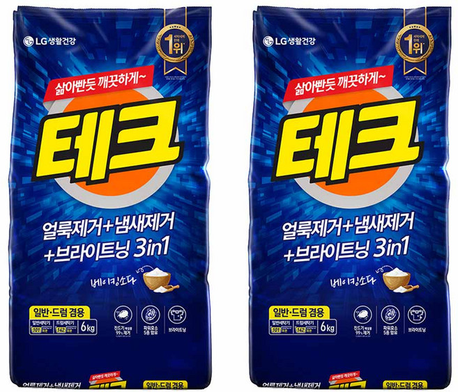 테크 3in1 일반드럼 겸용 분말세탁세제 리필, 6kg, 1개입, 2개