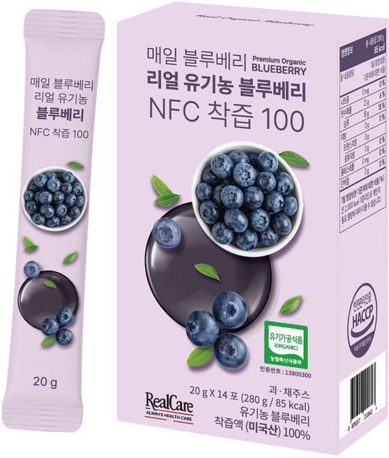 리얼케어 매일 블루베리 리얼 유기농 블루베리 NFC 착즙 100 14p, 280g, 1개