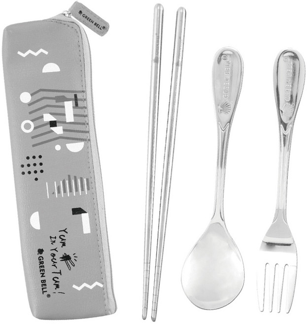 Green Bell 綠貝 304幾何風餐具組, 餐具袋 23cm + 筷子 21cm + 叉子 16.5cm + 湯匙 16.5cm, 餐具不鏽鋼銀色 + 餐具袋米色, 1組