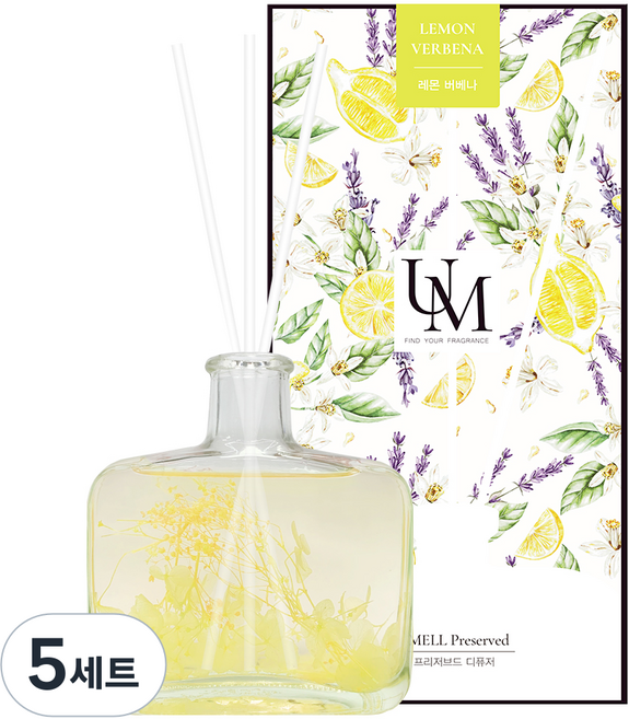 유멜 프리저브드 디퓨저 + 화이트 섬유스틱 3p, 레몬버베나, 200ml, 5세트