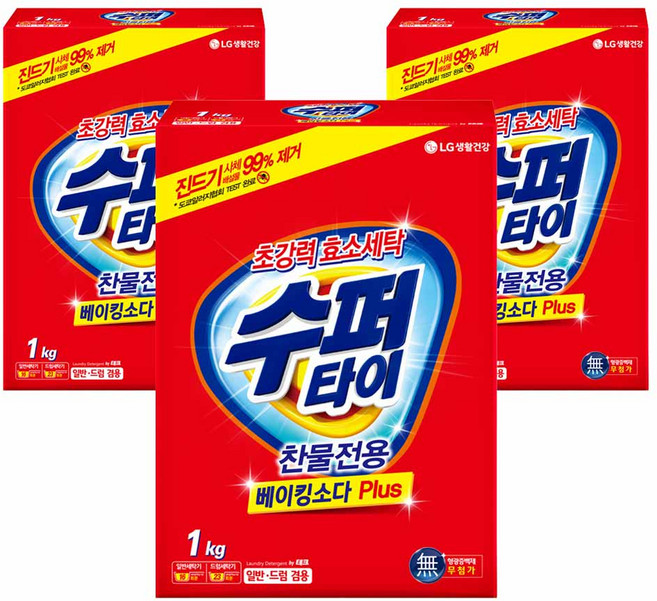 수퍼타이 뉴 찬물전용 베이킹소다 플러스 분말세제 본품, 1kg, 3개