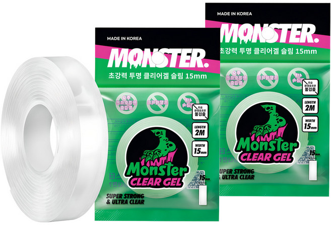 몬스터겔 슬림 초강력 양면테이프 15mm x 2m, 투명, 2개