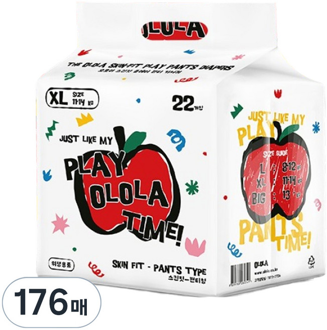 OLOLA 스킨핏 플레이 팬티형 기저귀 아동공용, 특대형(XL), 176매