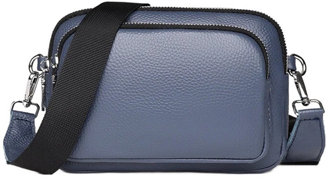 真皮頭層牛皮女士肩背包 LB978 寬肩帶, 藍色