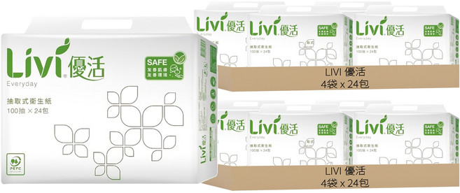 LIVI 優活 抽取式衛生紙 2層, 24包, 8袋