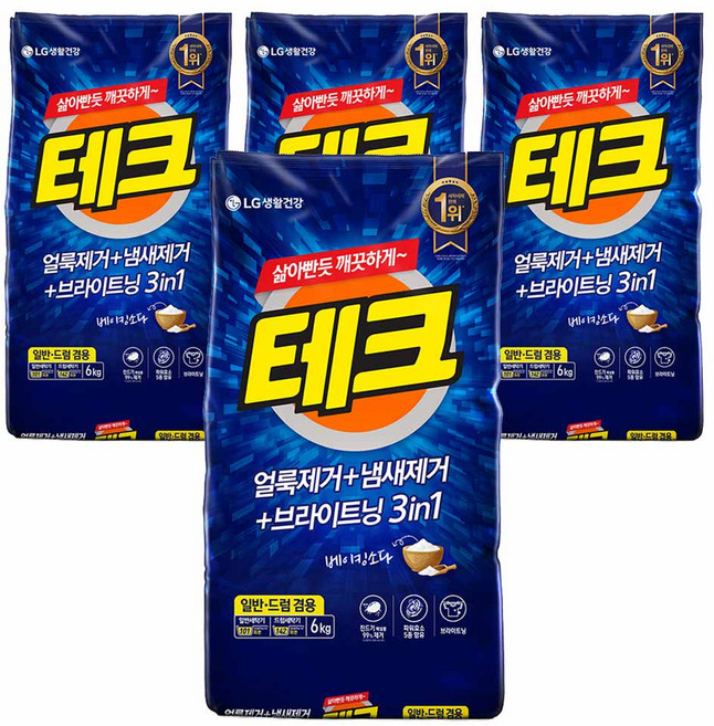 테크 3in1 일반드럼 겸용 분말세탁세제 리필, 6kg, 1개입, 4개