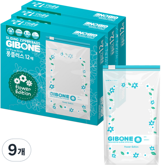 기본에 프레시키퍼 슬라이딩 지퍼백 플라워에디션 롱플러스, 롱, 12개입, 9개