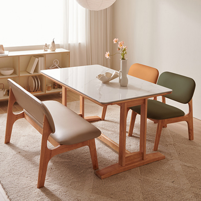 잉글랜더 마샤 양면 통세라믹 원목 낮은 식탁 + 벤치 + 의자2p 세트 방문설치, 식탁(마블화이트+그레이), 벤치(베이지), 의자(카키+카멜), 4인용