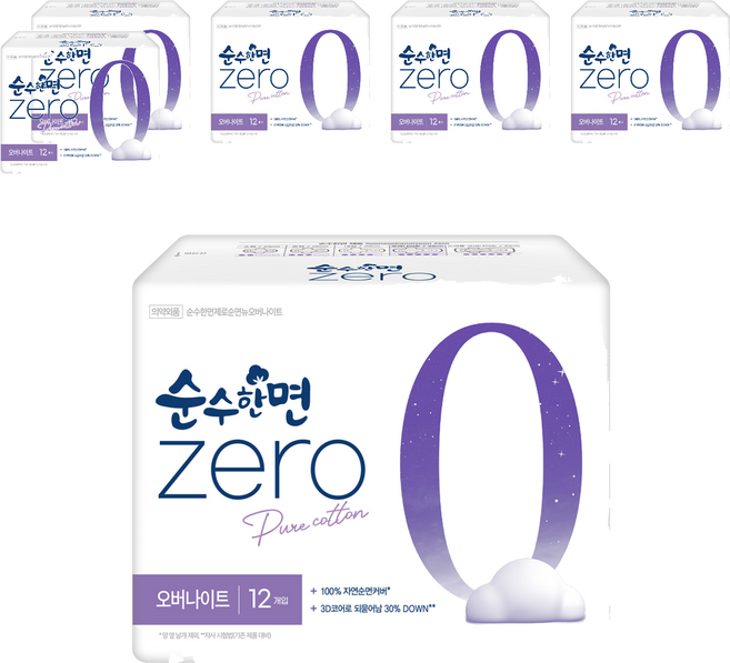 순수한면 제로 생리대 날개형, 오버나이트, 12개입, 6개