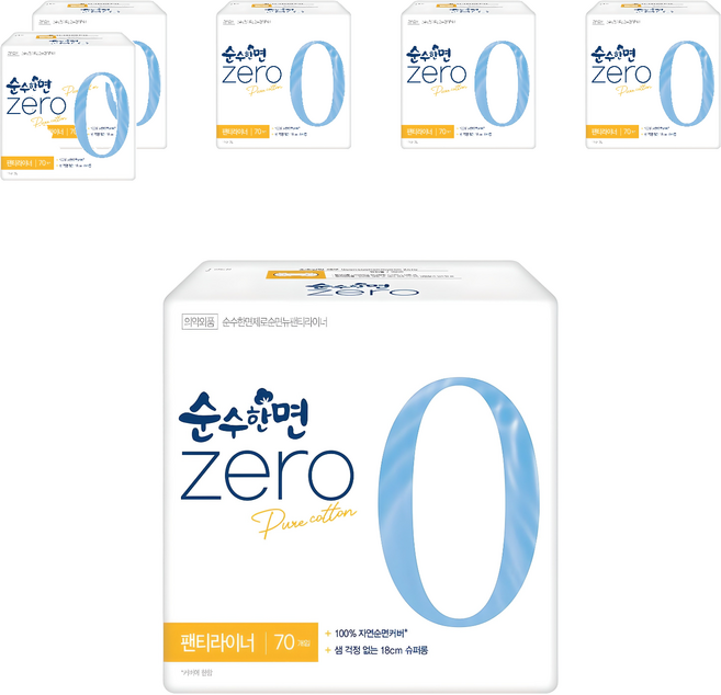 순수한면 제로 순면 뉴 팬티라이너, 슈퍼롱, 70개입, 6개