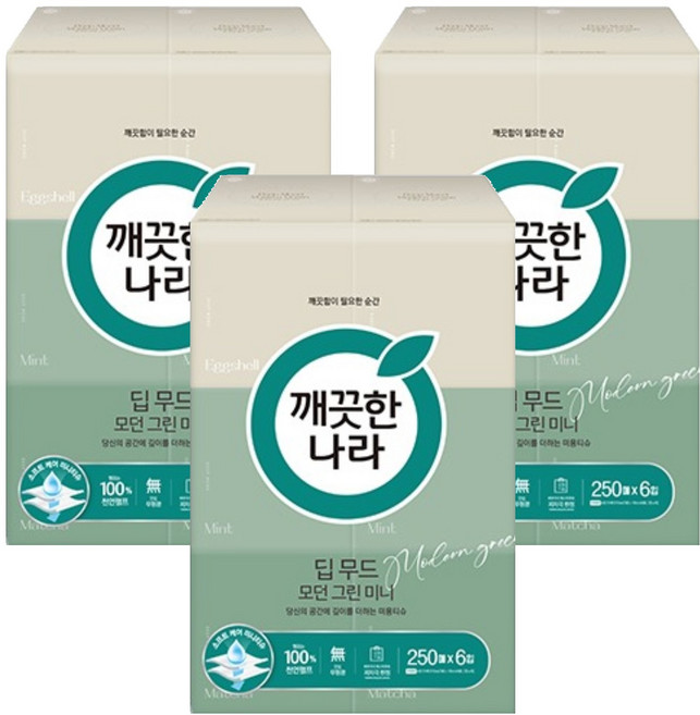 깨끗한나라 딥 무드 모던 그린 천연펄프 미니 미용티슈 2겹, 250매, 18개