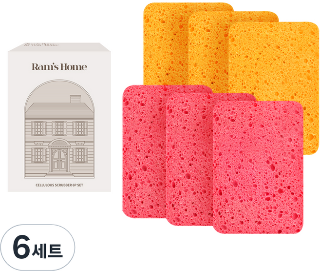 람스홈 셀룰로오스 우드펄프 흠집제로 수세미 옐로우 + 핑크 세트, 6개입, 6세트