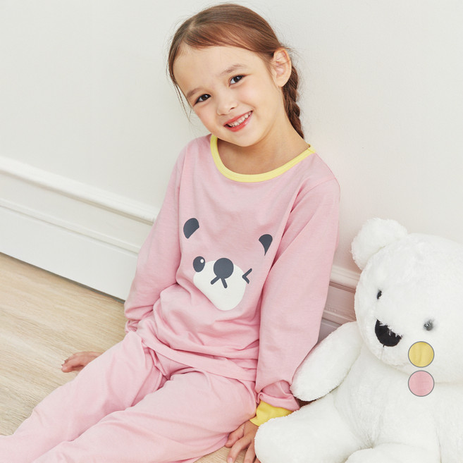 롤리트리 아동용 30수 싱글 9부 곰얼굴 포인트 실내복 상하 세트