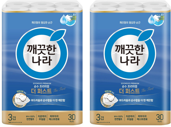 깨끗한나라 순수 프리미엄 더 퍼스트 천연펄프 3겹 고급롤화장지, 30m, 30개입, 2개