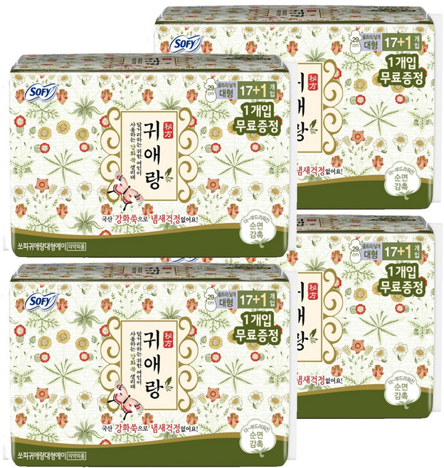 쏘피 귀애랑 생리대 날개형, 대형, 18개입, 4개
