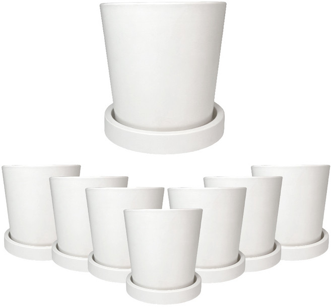 데일드 플라스틱 인테리어 원형 11 화분 + 받침 세트, 화이트, 8세트