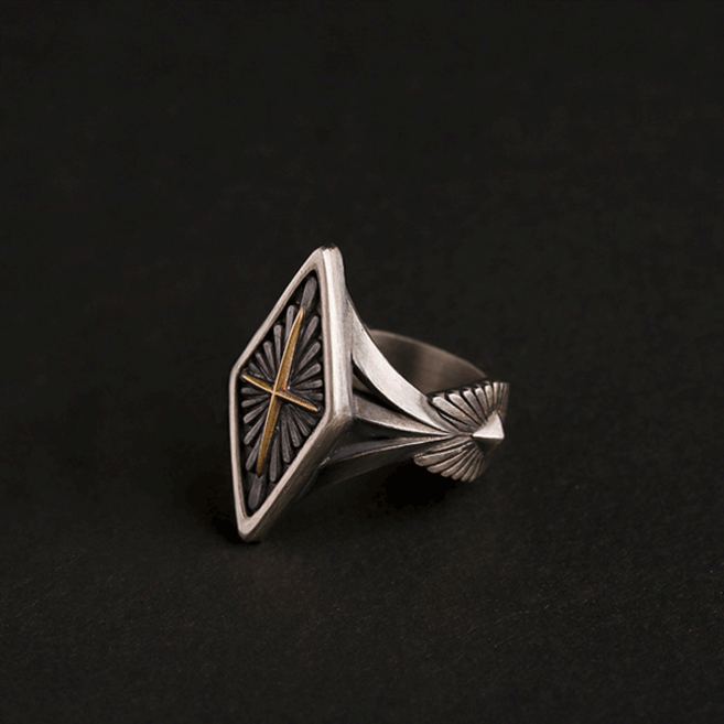 스톤주얼리 남성용 925 도금 레트로 골드 십자가 오픈 패션 반지