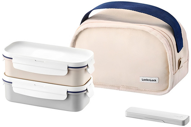 락앤락 데일리 코튼직 직사각 2단 도시락 + 젓가락 + 가방 세트, 아이보리, 1세트