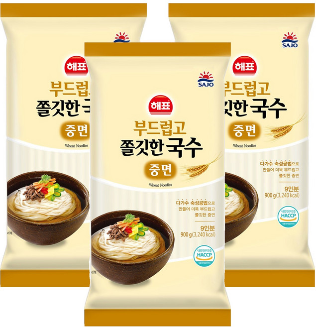 해표 부드럽고 쫄깃한 국수 중면, 3개, 900g