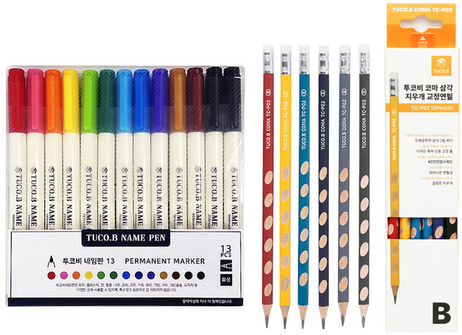 투코비 12색 네임펜 13p + 코마 교정용 삼각 그립 연필 B TC-P02 12p 세트, 혼합색상, 1세트