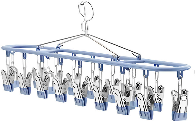 Couselect 不鏽鋼長方形晾衣架20夾 防滑衣架/吊襪架/曬襪架/襪子內衣褲晾衣架/曬衣夾不鏽鋼衣架, 1個, 藍色