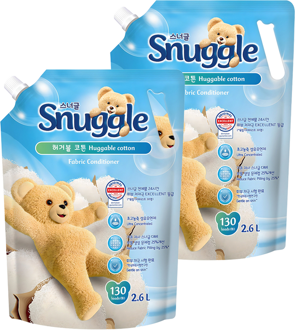 스너글 섬유유연제 허거블 코튼, 2.6L, 2개