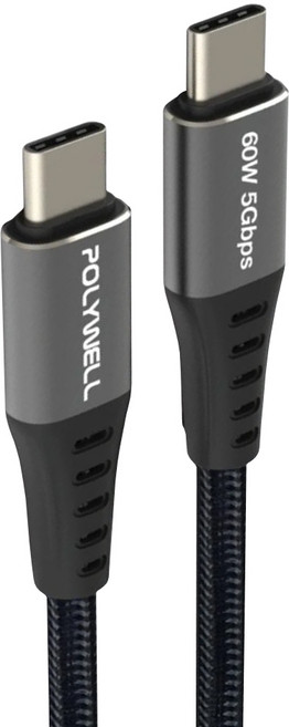 POLYWELL 寶利威爾 USB3.1 Type-C 公對公 高速傳輸充電編織線 PW15-W45-M732, 黑色, 1條, 2m