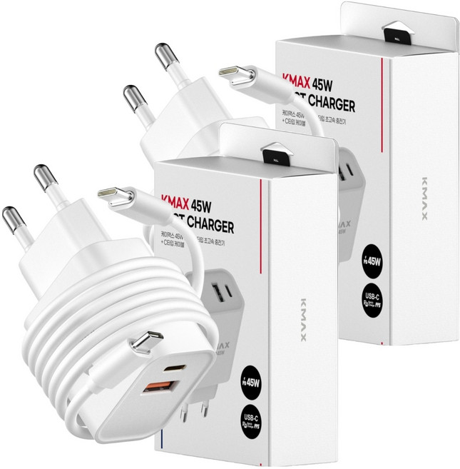 KMAX 45W 2埠 Type-C 超高速充電器 + Type-C 充電線, 2套, 白色