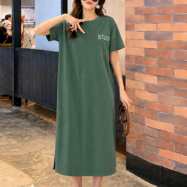 DMELD 女款開衩長版休閒寬鬆連身裙, 綠色