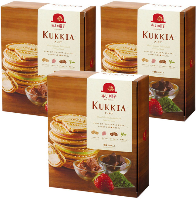 AKAI BOHSHI 紅帽子 Tivon 法蘭酥禮盒, 牛奶可可風味 (5片) + 黑可可風味 (5片) + 抹茶可可風味 (5片) + 草莓可可風味 (5片), 3盒