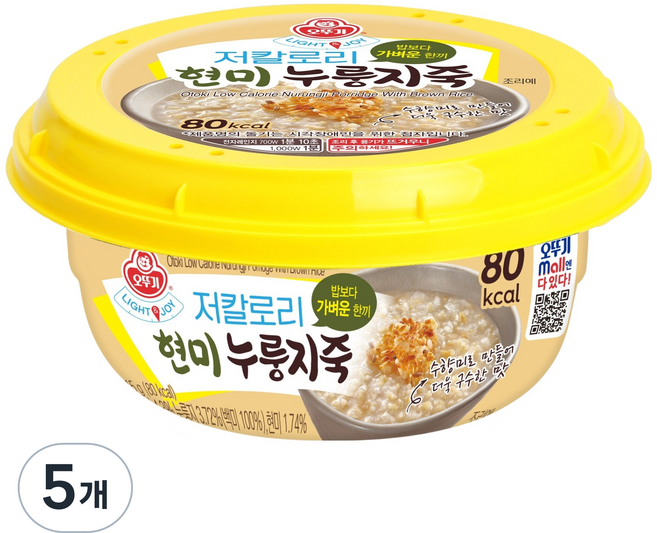오뚜기 라이트 앤 조이 저칼로리 현미 누룽지죽, 215g, 5개