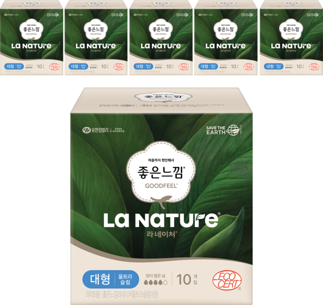 라네이처 좋은느낌 울트라 슬림 생리대 날개형, 대형, 10개입, 6개