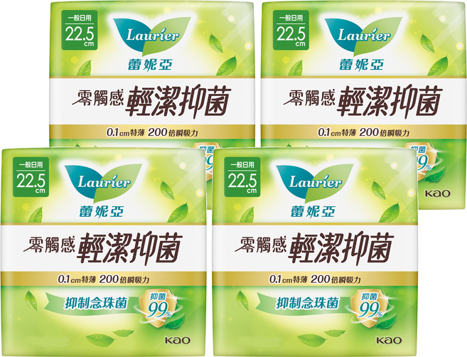 Laurier 蕾妮亞 台灣公司貨 零觸感特薄輕潔抑菌衛生棉, 一般日用型 22.5cm, 16片, 4包