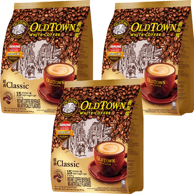 OLDTOWN WHITE COFFEE 舊街場白咖啡 3合1經典白咖啡, 31.6g, 15條, 3袋