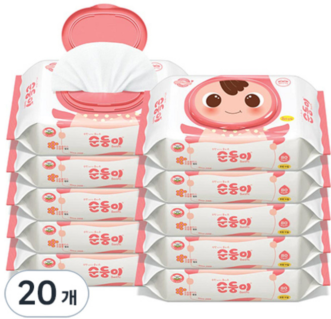 순둥이 베이직 유아물티슈 캡형, 55g, 80매, 20개