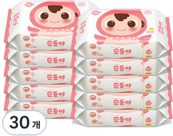 순둥이 베이직 무향 엠보싱 유아물티슈 플러스 리필형, 55g, 100매, 30개
