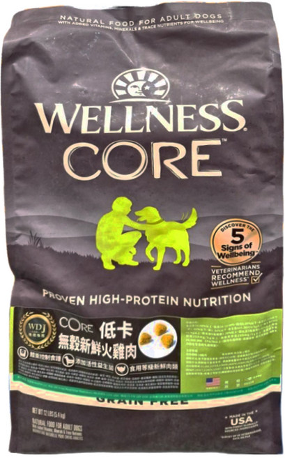 WELLNESS 寵物健康 成犬用 CORE無穀低卡乾飼料, 火雞肉, 12lb, 1袋