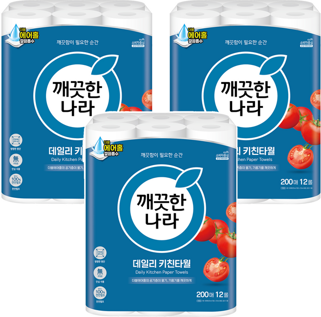 깨끗한나라 데일리 천연펄프 키친타올, 12개입, 3개