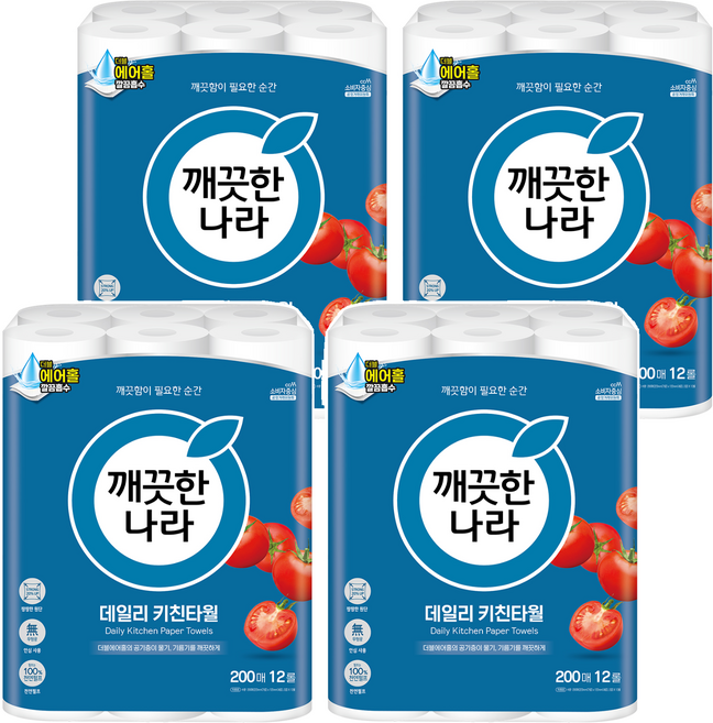 깨끗한나라 데일리 천연펄프 키친타올, 200매, 48개