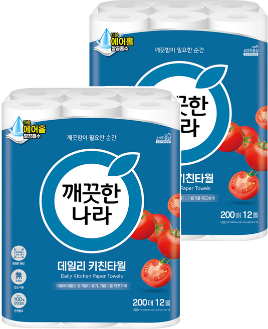 깨끗한나라 데일리 천연펄프 키친타올, 200매, 24개