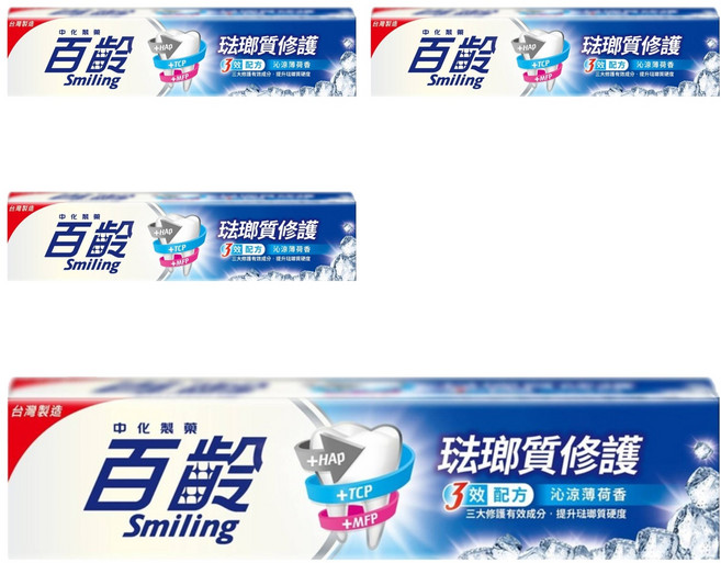 Smiling 百齡 琺瑯質修護3效配方牙膏, 150g, 4條, 沁涼薄荷香