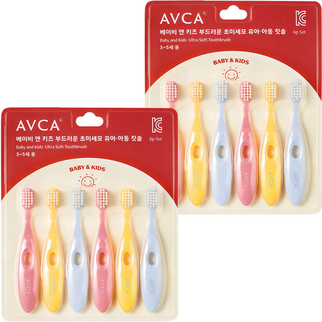 아브카 부드러운 초미세모 유아칫솔 스텝 2단계 6p 세트, 블루 + 옐로우 + 핑크, 6개입, 2세트